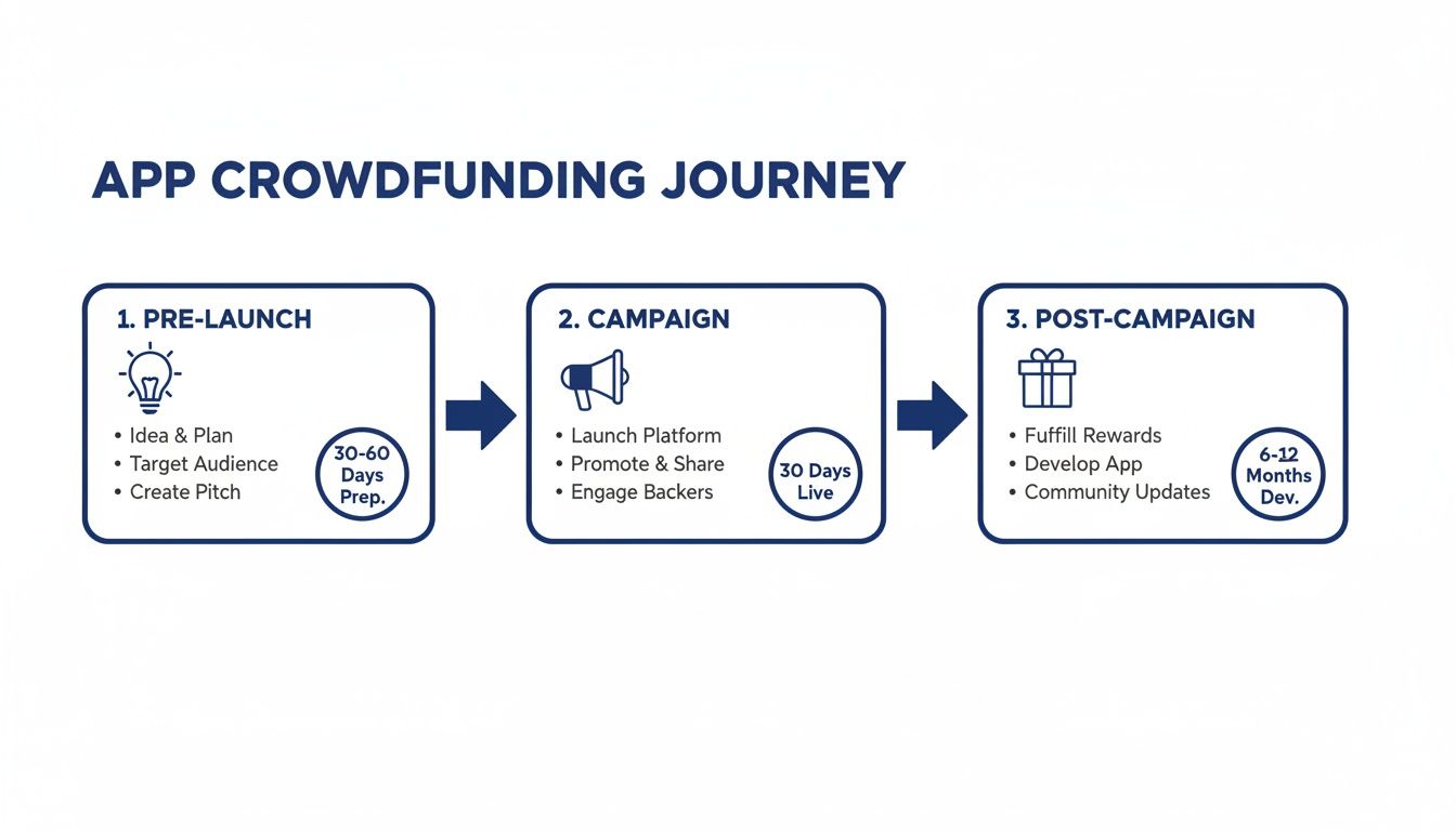 An infographic illustrating the three-stage app crowdfunding journey from pre-launch to post-campaign development.