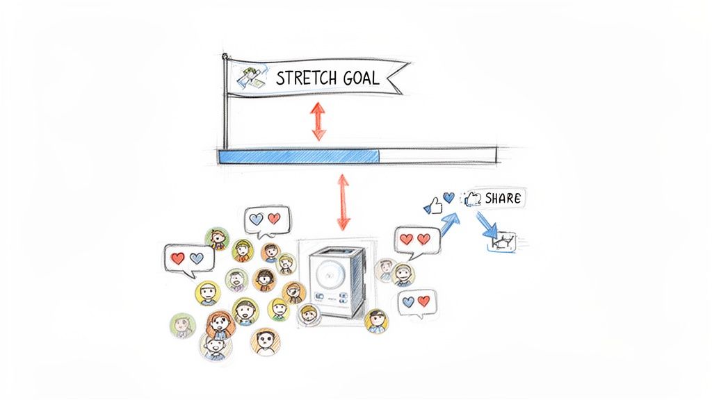 An illustration of a crowdfunding campaign with a stretch goal, progress bar, community, and social sharing.