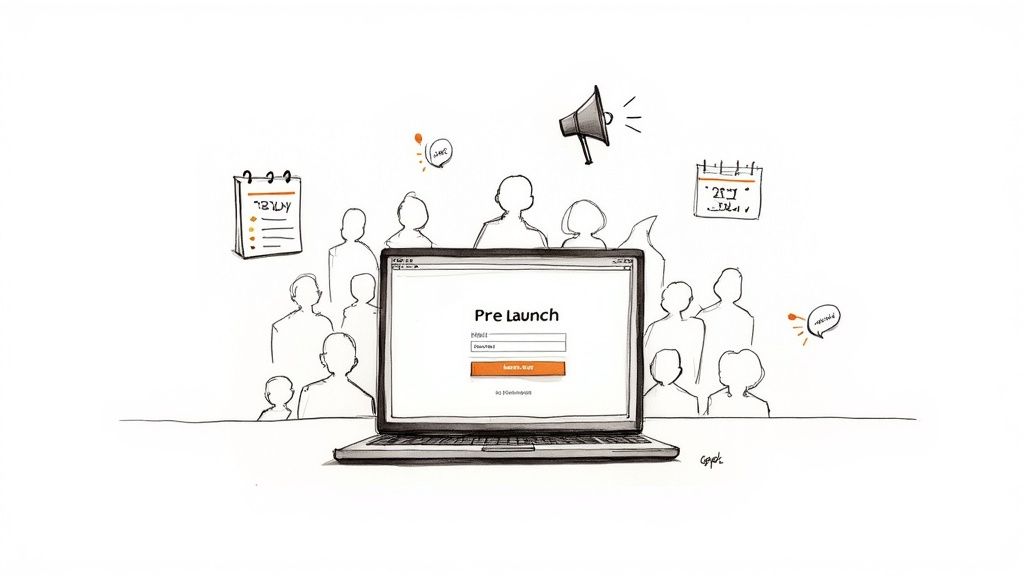 Sketch of a laptop showing a 'Pre Launch' screen, surrounded by people, calendars, and a megaphone.
