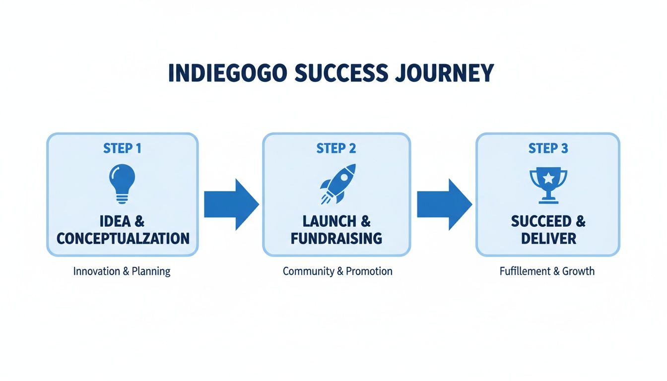 Indiegogo success journey diagram illustrating three key steps: idea, launch, and succeed.