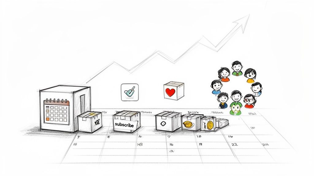A calendar timeline illustrates the growth of subscriptions, users, and revenue for a business or game.