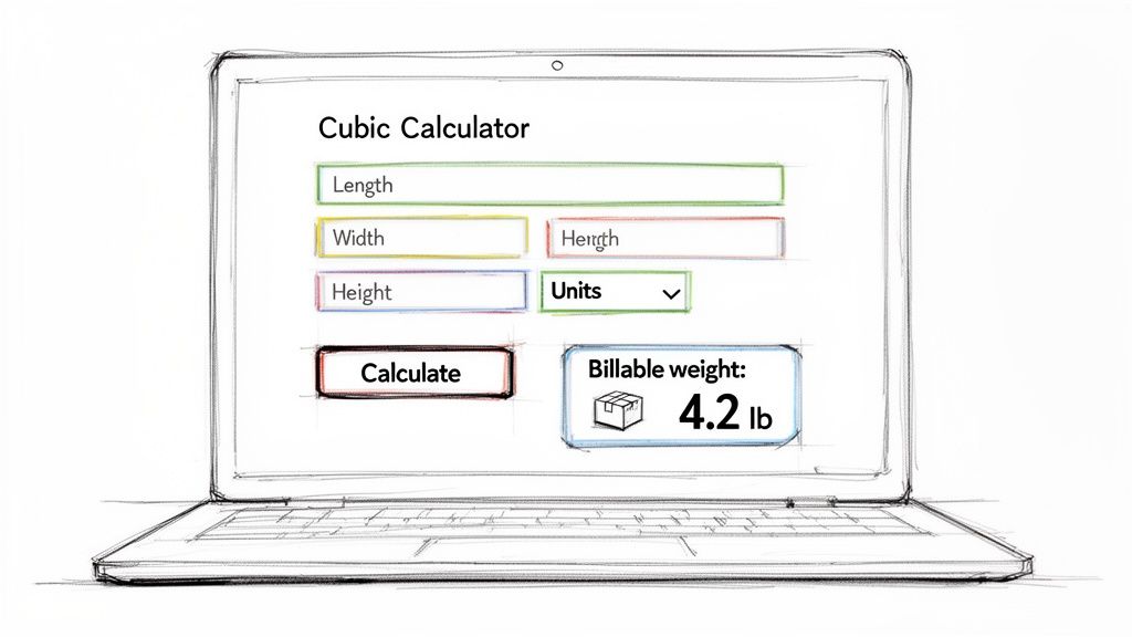 A sketched laptop screen showing a cubic calculator interface with inputs for dimensions and a billable weight of 4.2 lb.