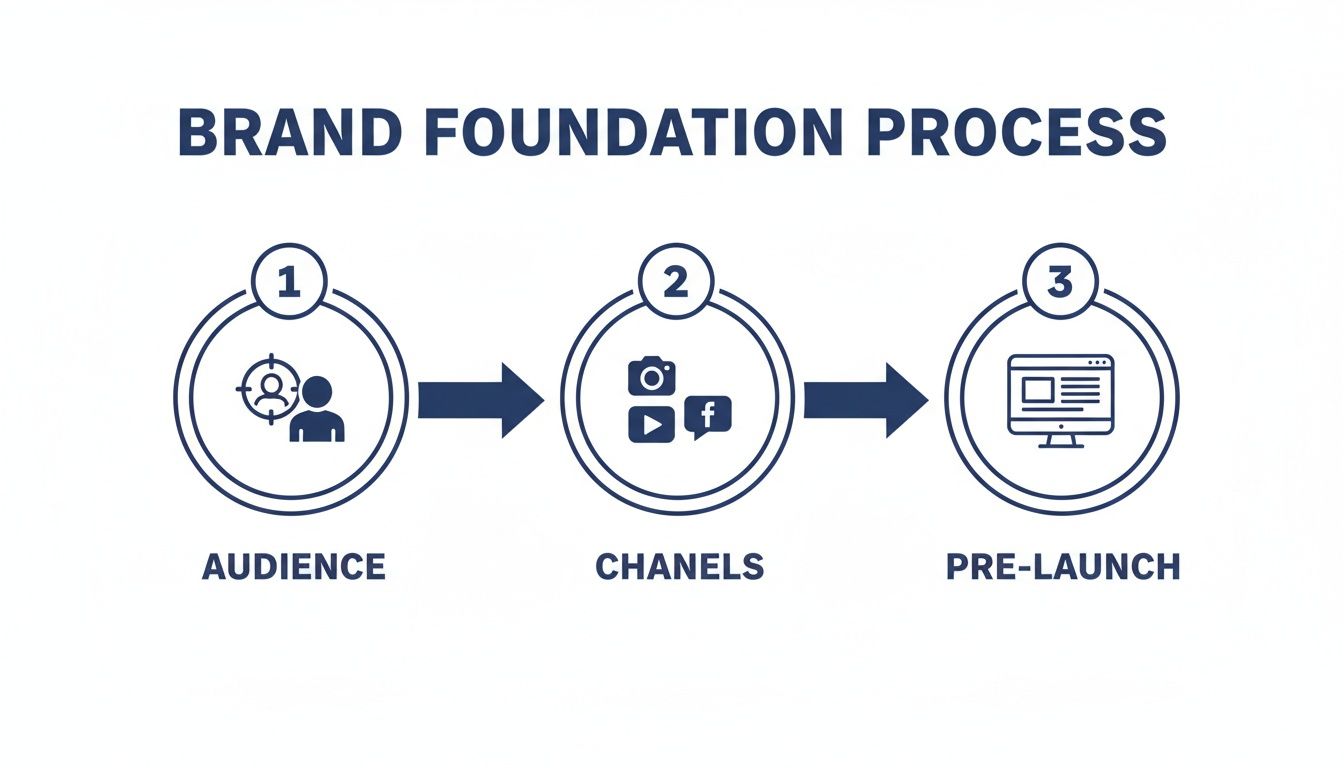 Infographic showing the three-step brand foundation process: audience identification, channel selection, and pre-launch.