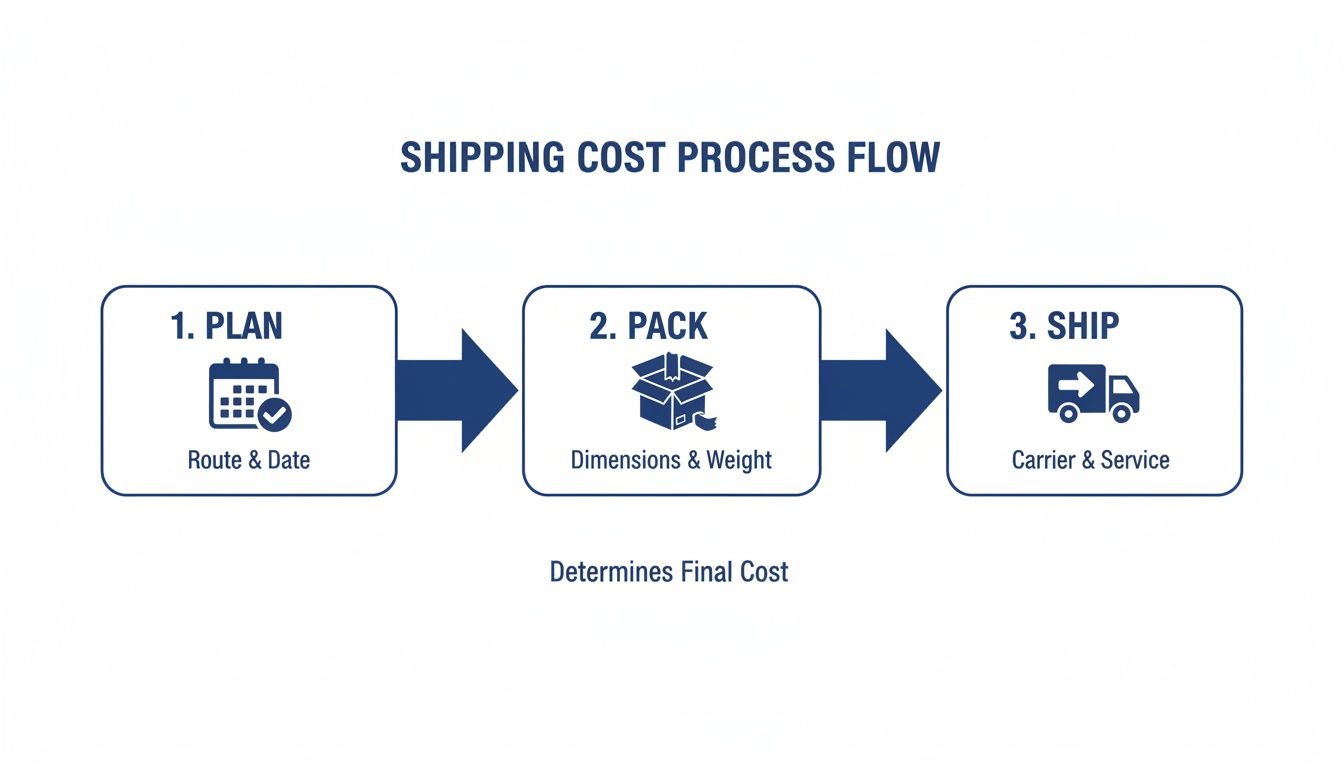 A flowchart detailing the shipping cost process flow: Plan, Pack (dimensions & weight), and Ship (carrier & service).