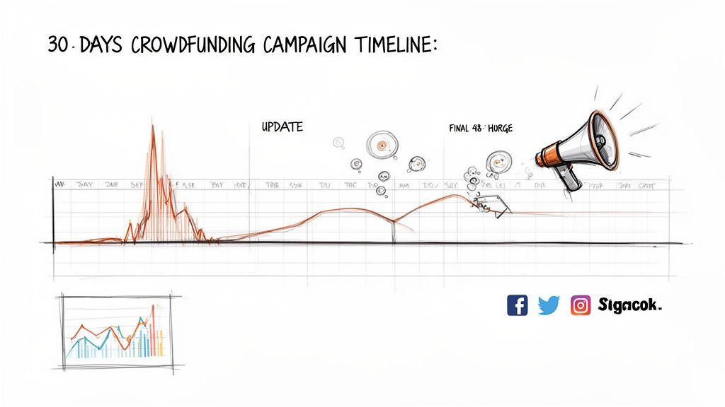 A 30-day crowdfunding campaign timeline graph showing funding spikes at the start and end, with updates in between.