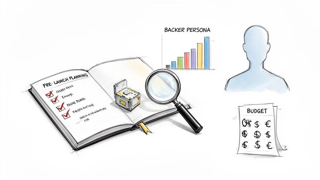 Illustration showing pre-launch planning elements: a checklist, backer persona, budget, and magnifying glass.