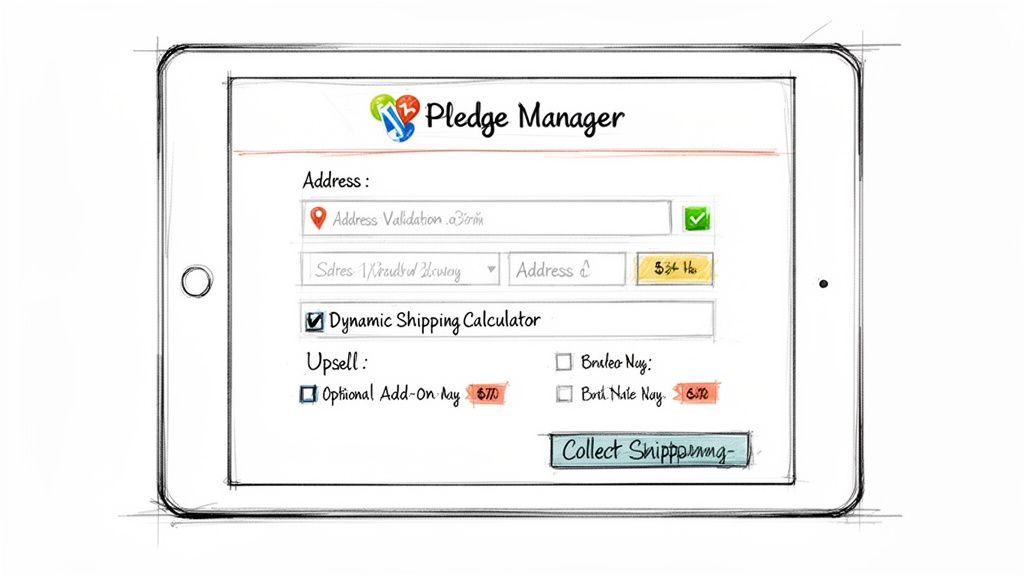 Tablet sketch showing a Pledge Manager form for address validation, dynamic shipping, and upsell options.