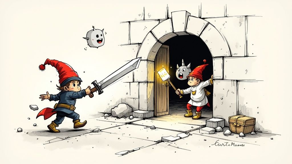 A sword-wielding gnome approaches a dungeon archway where another gnome and monsters wait.