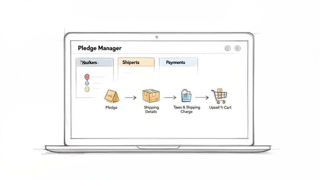 A sketch of a laptop showing a 'Pledge Manager' interface with a workflow for pledges, shipping, taxes, and upselling.