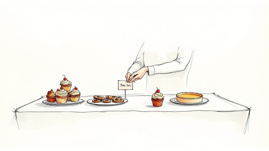 A person's hands arrange cupcakes, cookies, and a pie on a table at a bake sale.