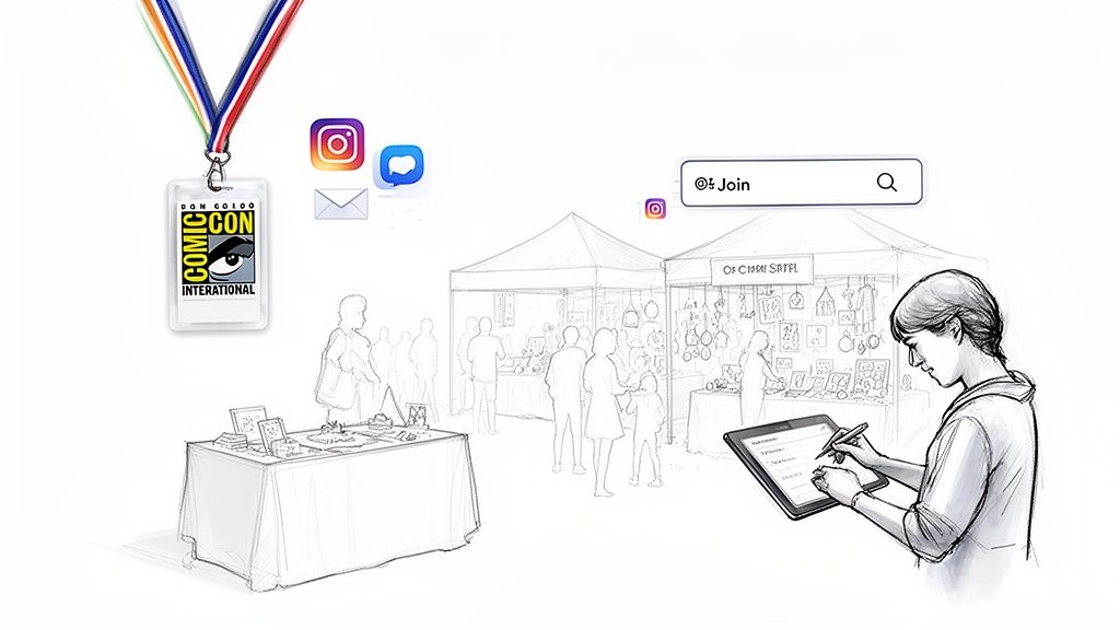 A sketch of a Comic-Con badge, market stalls, and a person using a tablet for digital registration.