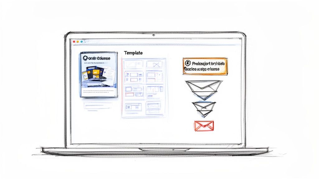 Sketch of a laptop displaying a website for 'One Course' with various digital templates.
