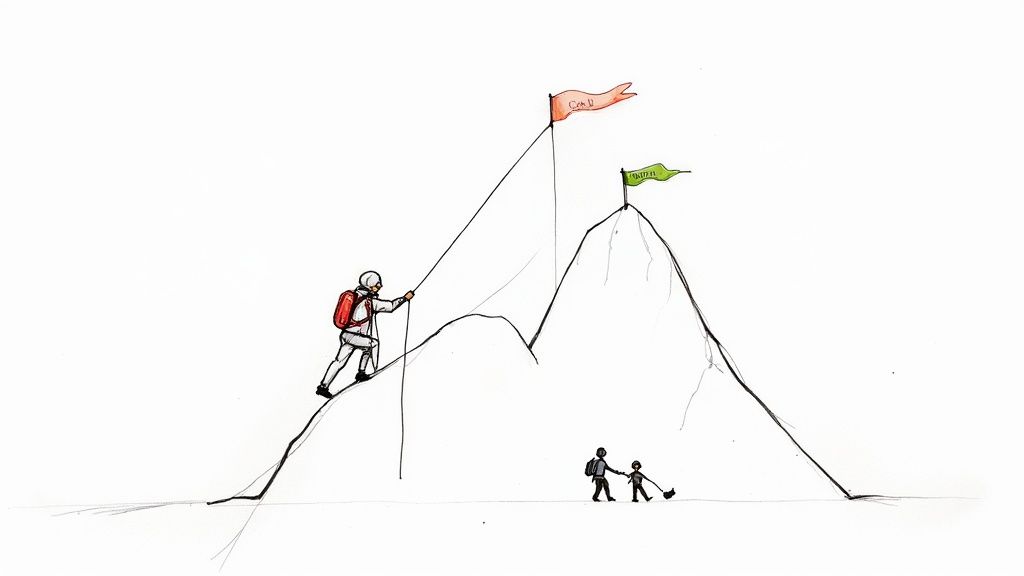 A person climbs a mountain with flags saying 'COVID' and 'MONEY' while two small figures walk below.