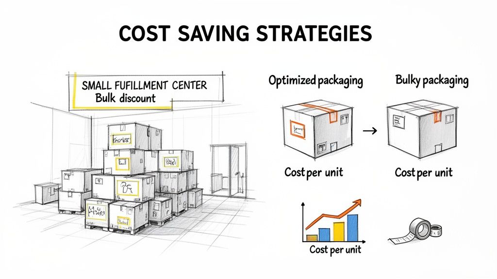 Illustration of cost saving strategies showing bulk discounts in a fulfillment center and optimized packaging.