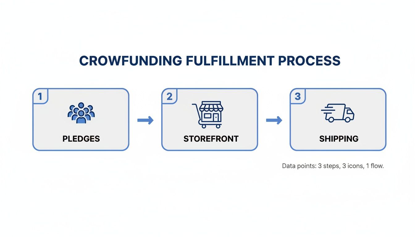 Diagram showing the crowdfunding fulfillment process in three steps: Pledges, Storefront, and Shipping.