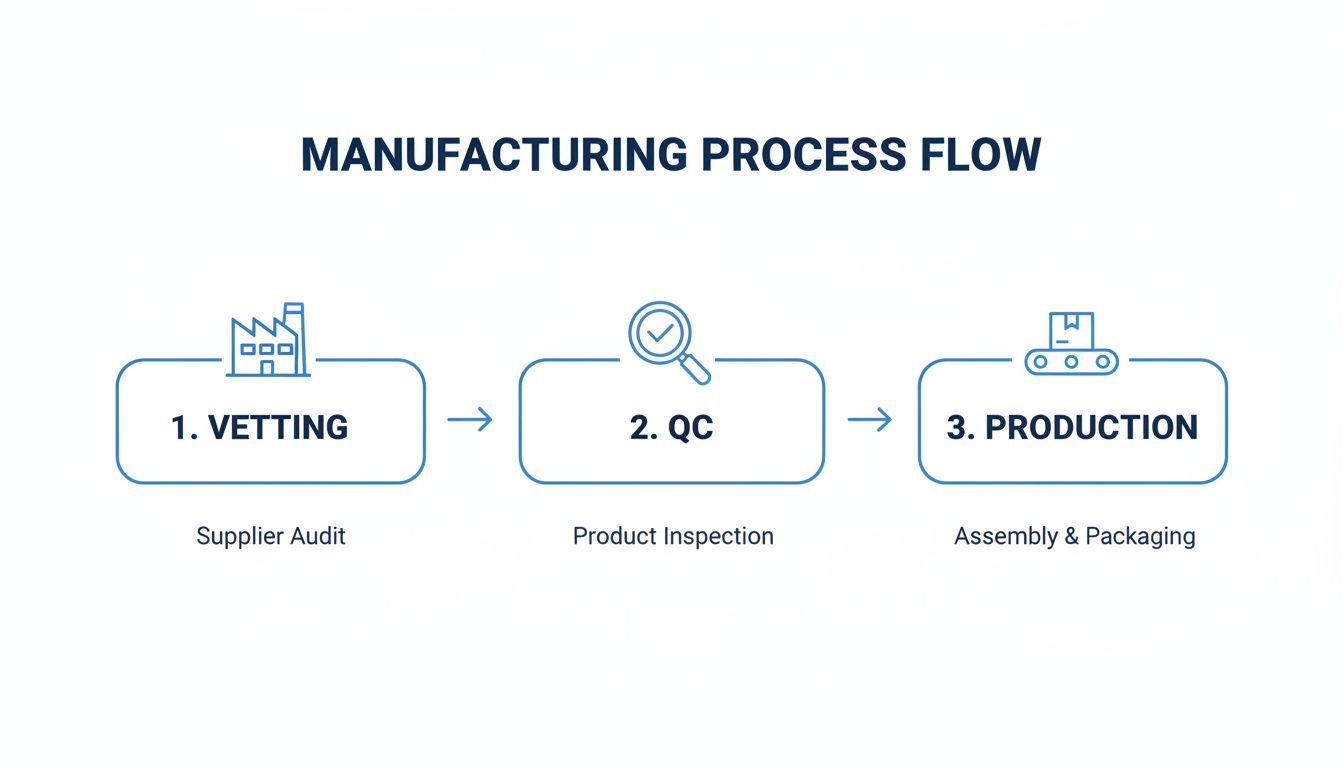 Diagram illustrating a manufacturing process flow with vetting, quality control, and production stages.