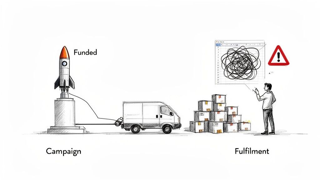 An illustration showing a funded rocket connected to a van and boxes, illustrating fulfillment challenges with messy data.