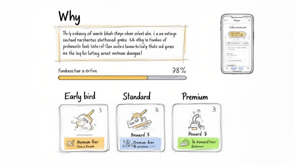 A crowdfunding campaign display with an app interface, funding progress, and three reward tiers.