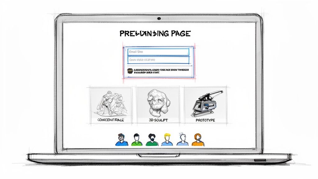 A sketch of a laptop screen displaying a pre-landing page with form fields, product design stages, and user avatars.