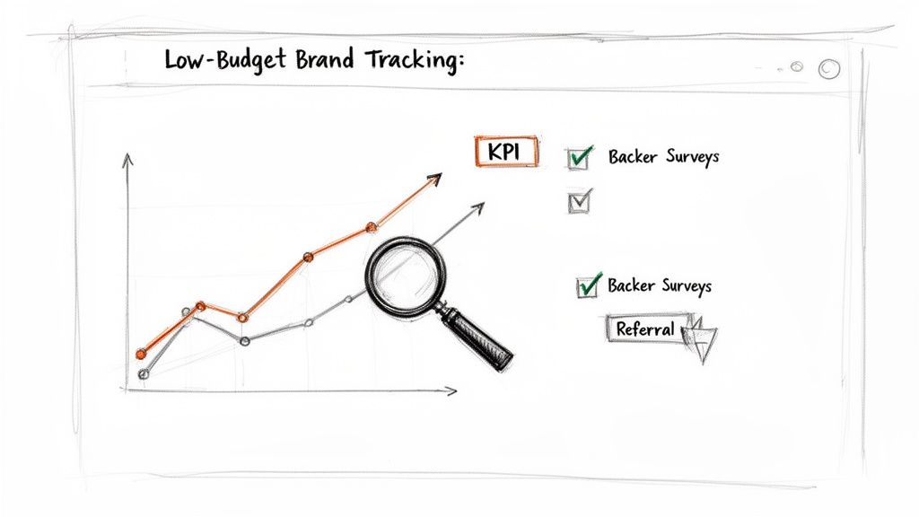 Illustration of low-budget brand tracking, showing a growth graph, KPI, surveys, and referrals.
