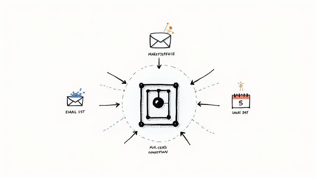 A hand-drawn diagram shows a central system receiving inputs from an email list, a makerspace, and a calendar.