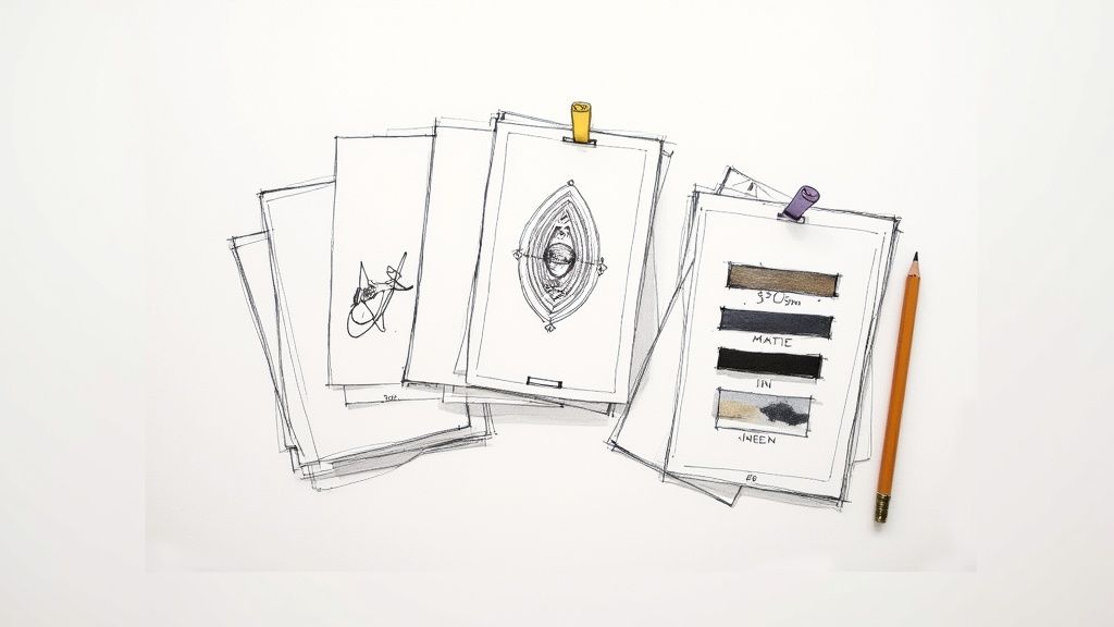 A flat lay of hand-drawn artistic sketches, color swatches, and a pencil on a white background.