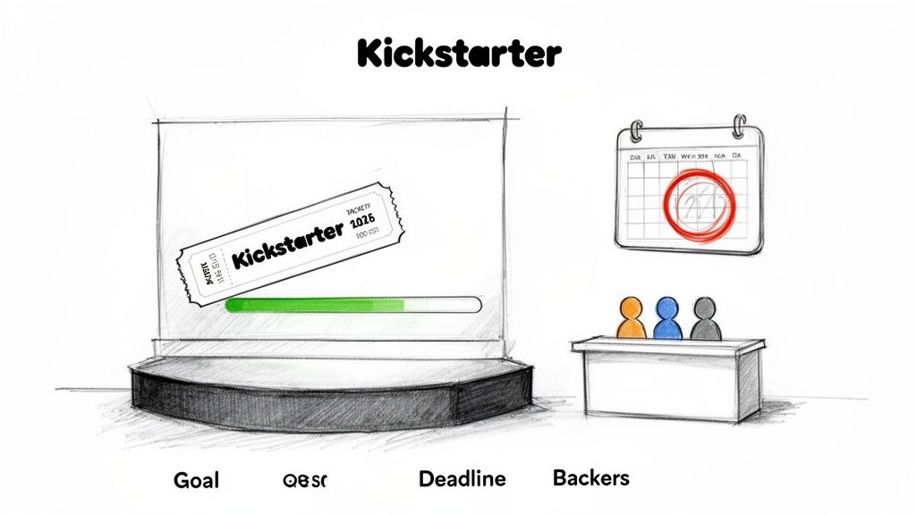 An illustrated sketch detailing the components of Kickstarter: goal, funding progress, deadline, and backers.