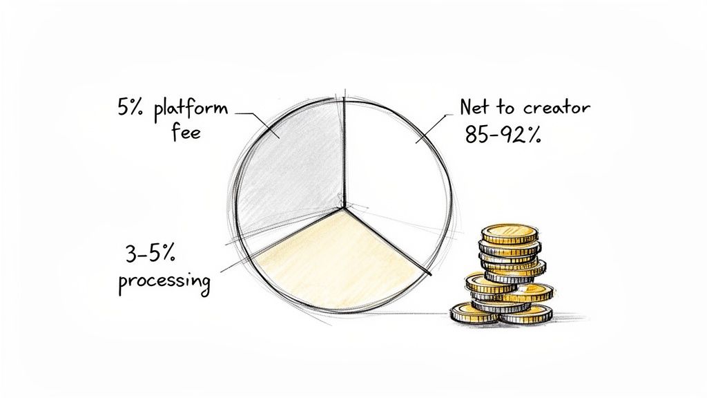 Hand-drawn pie chart illustrating revenue distribution for platform fees, processing, and creator earnings.
