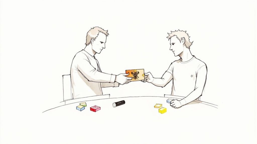 Illustration of two players exchanging a game card featuring a unique symbol during a tabletop game session.