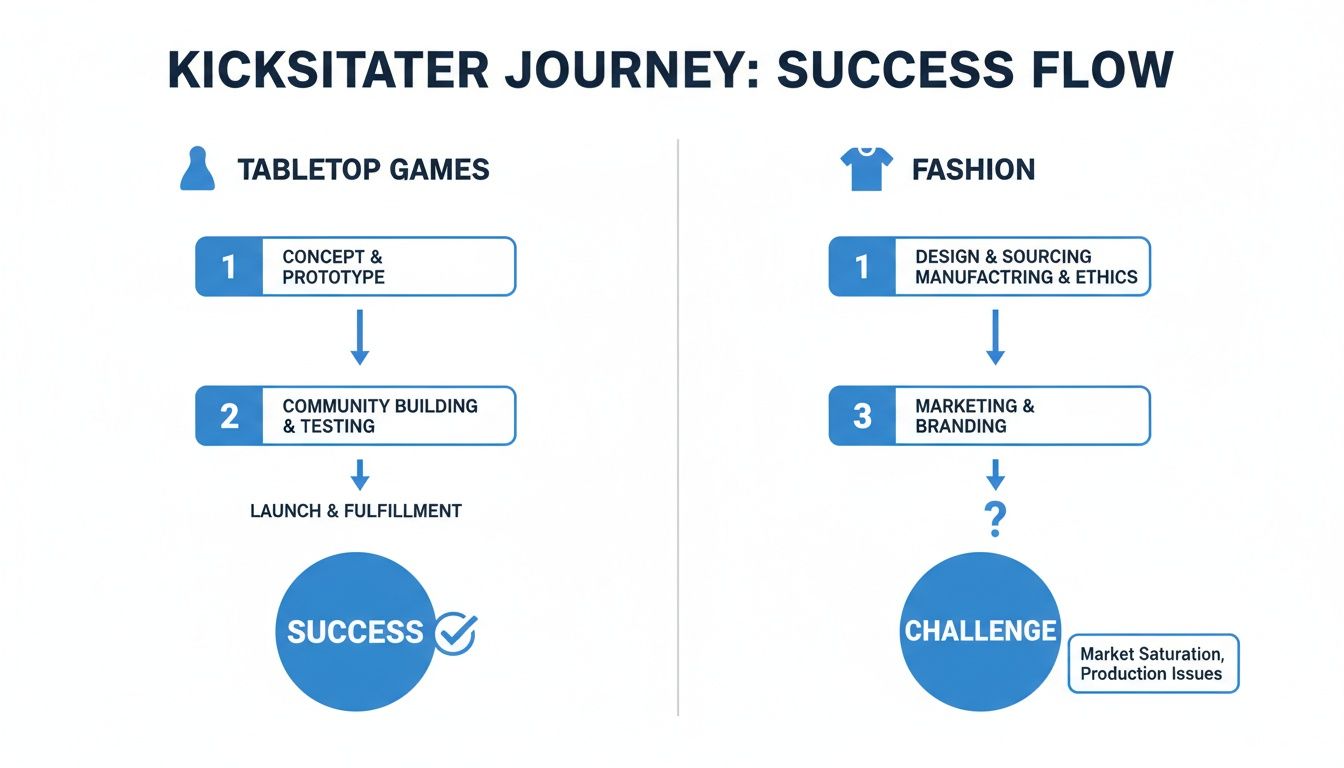 A diagram comparing Kickstarter success flows for tabletop games and fashion projects, highlighting steps and outcomes.