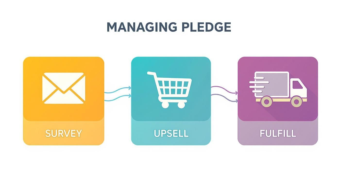 A three-step process diagram titled 'Managing Pledge': Survey, Upsell (shopping cart), and Fulfill (delivery truck).