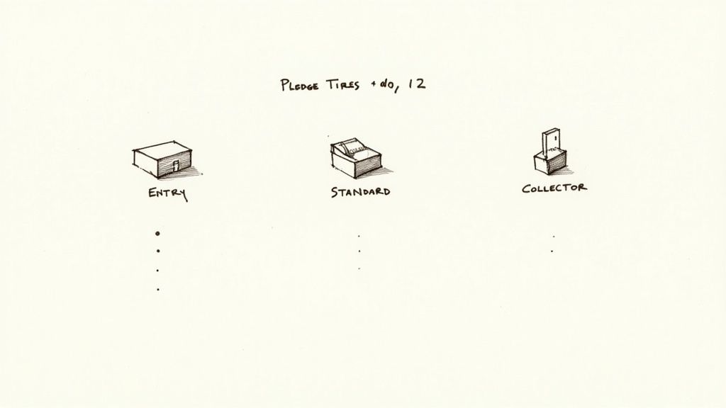 Hand-drawn sketch showing three pledge tiers: Entry, Standard, and Collector, with abstract box illustrations.