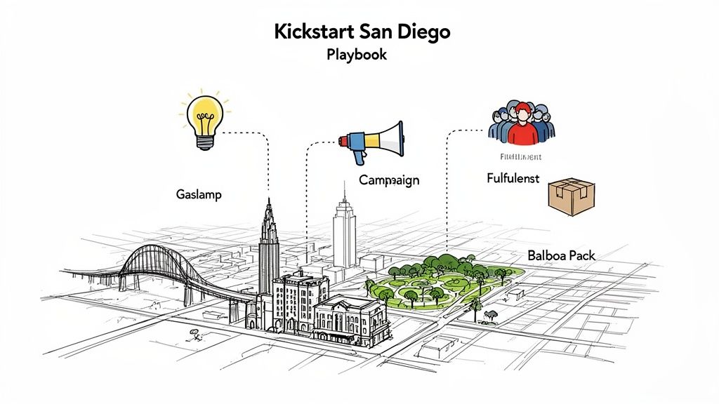 A playbook for Kickstart San Diego showing concepts like Gaslamp, Campaign, Fulfillment, and Balboa Pack over a city sketch.
