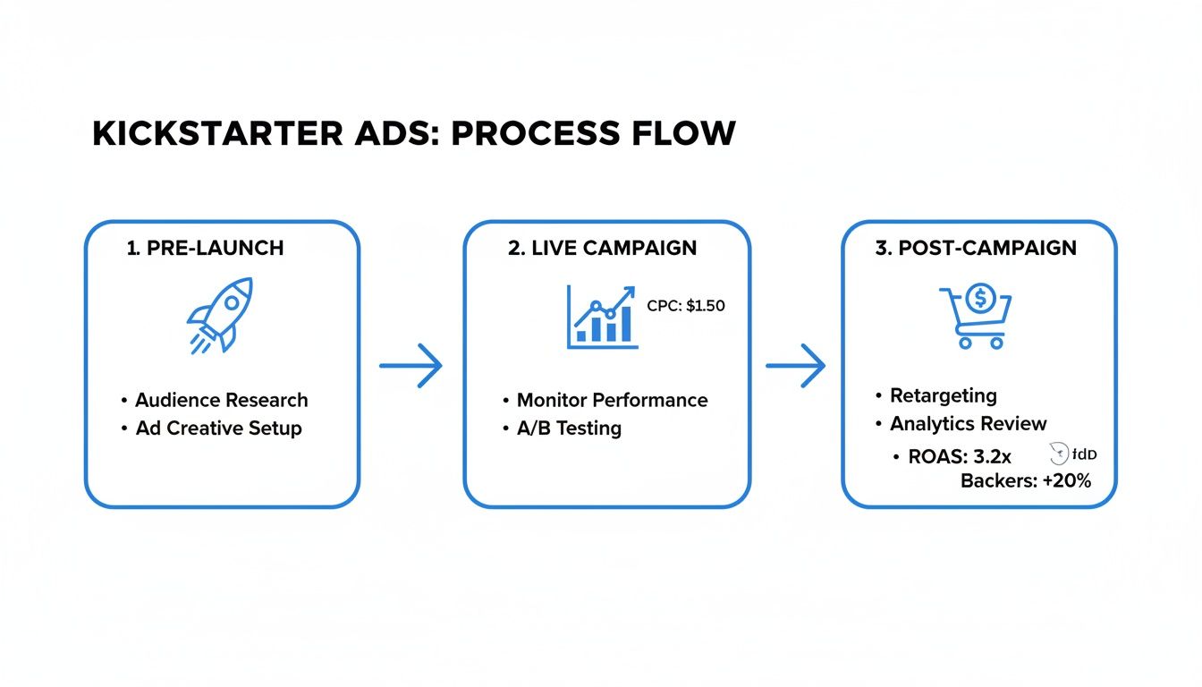 Flowchart detailing the Kickstarter ads process, covering pre-launch, live campaign, and post-campaign phases.