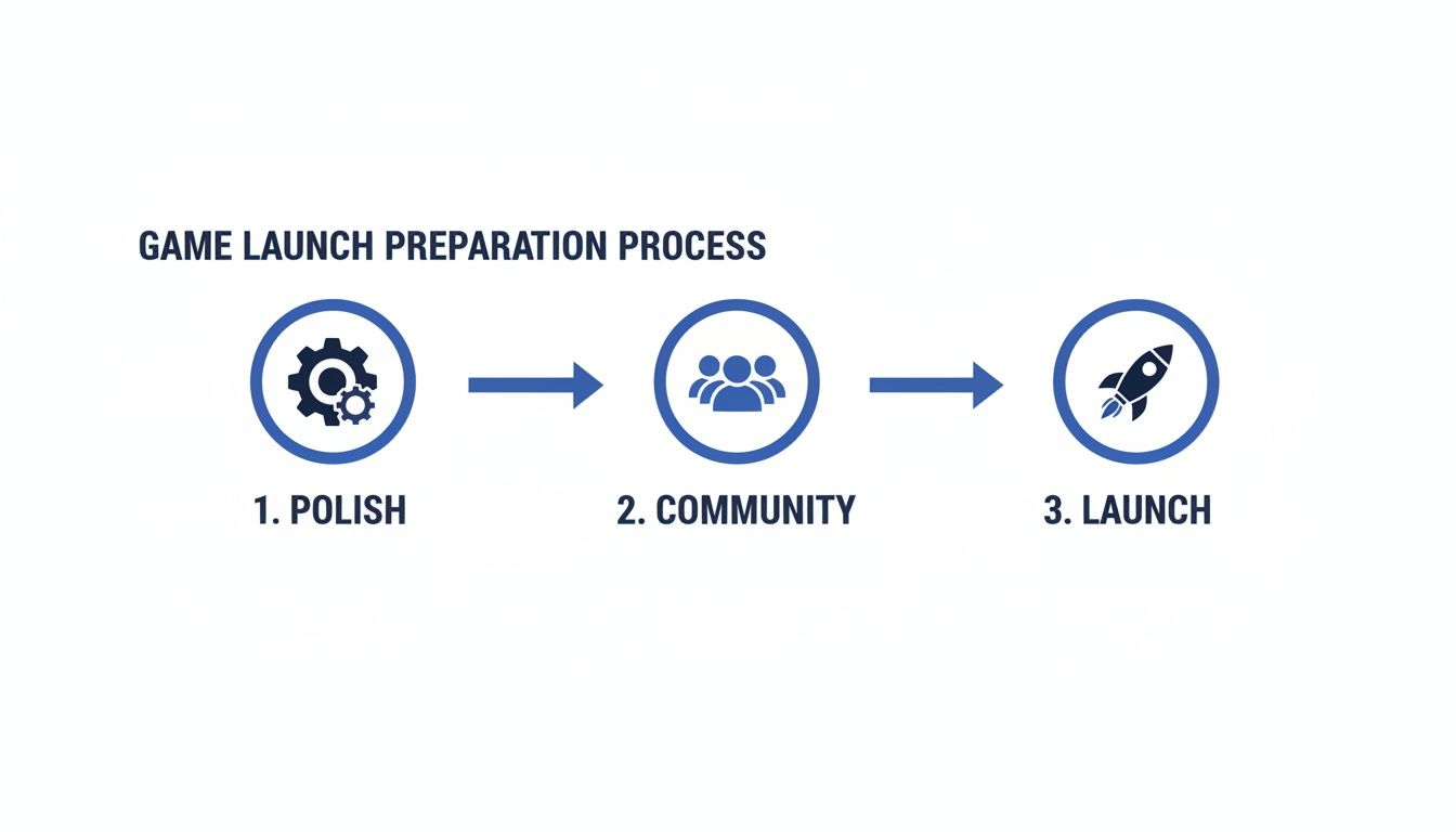 A game launch preparation process infographic showing three steps: polish, community, and launch.