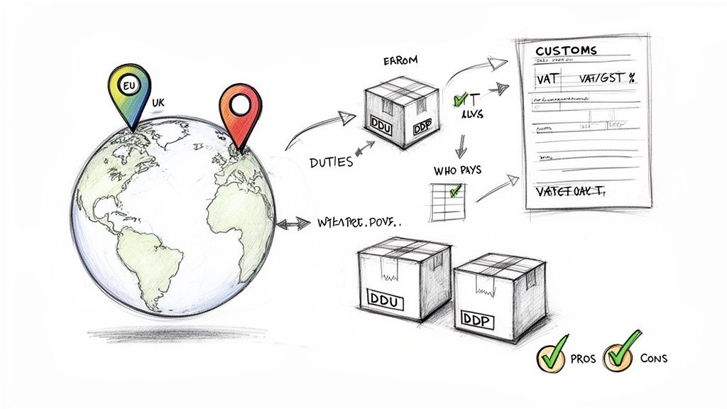 Flowchart explaining DDU and DDP Incoterms for EU-UK shipping, detailing customs, VAT, and duty payments.