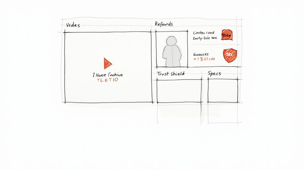 Hand-drawn sketch of a webpage layout with content, user profile, trust shield, and specifications sections.
