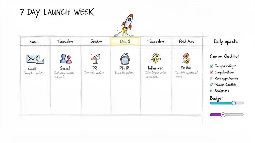 Hand-drawn 7-day marketing launch plan with channels like email, social, PR, and paid ads, plus a checklist.