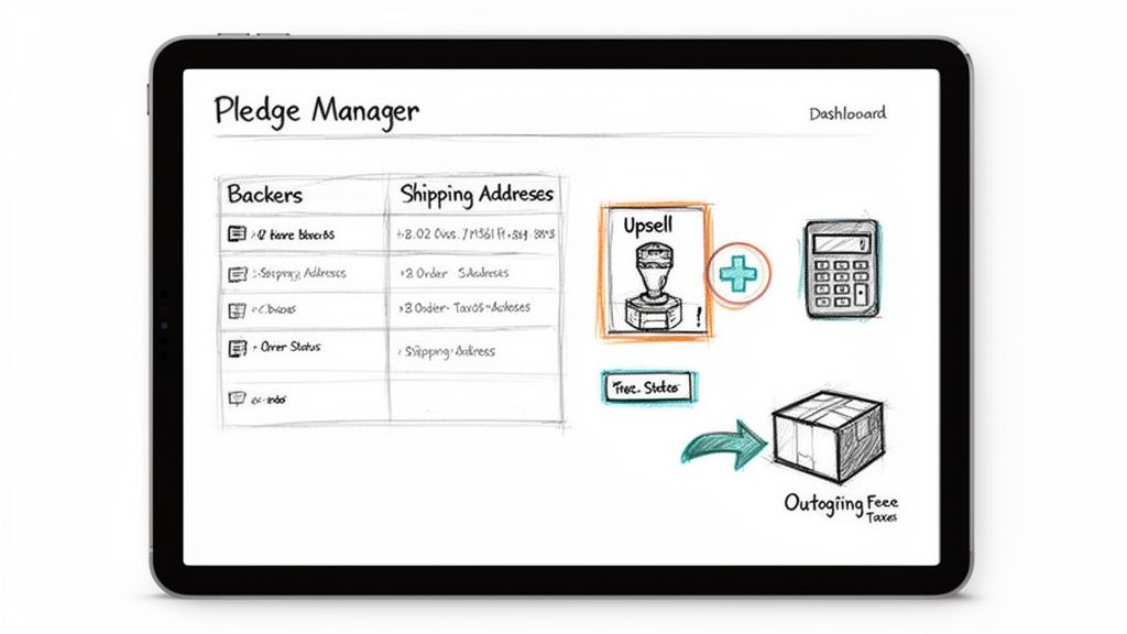 A hand-drawn sketch of a Pledge Manager interface on a tablet, displaying backer and shipping details.