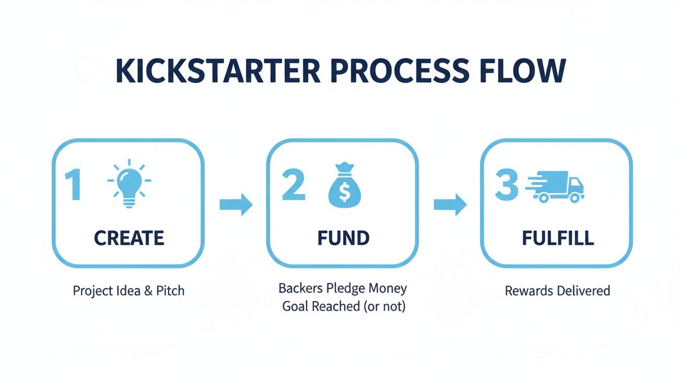 A diagram illustrating the three-step Kickstarter process: Create, Fund, and Fulfill, with detailed descriptions.
