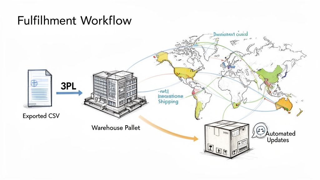 Fulfillment workflow diagram illustrating exported CSV to 3PL, warehouse pallet, international shipping, and automated package updates.