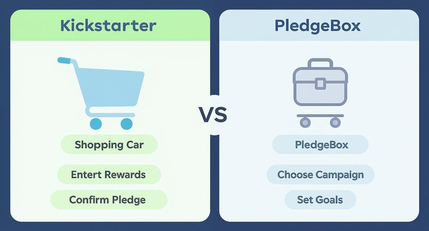 Kickstarter versus PledgeBox comparison with steps like shopping, rewards, pledges, campaigns, and goals.