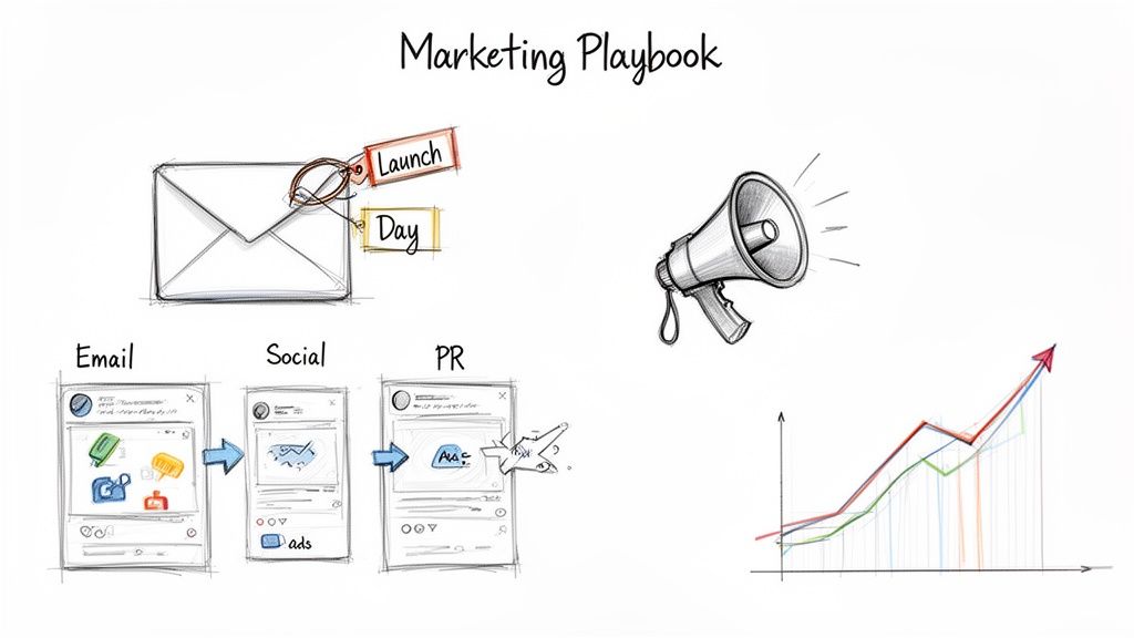 A marketing playbook sketch showing launch, email, social media, PR communication, a megaphone, and growth chart.