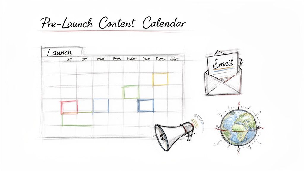 Illustration of a pre-launch content calendar alongside email, megaphone, and globe for marketing strategy.