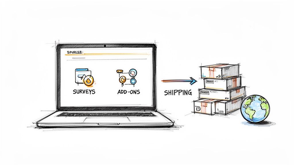 Hand-drawn illustration of a laptop with 'Surveys' and 'Add-ons' leading to 'Shipping' boxes and Earth.