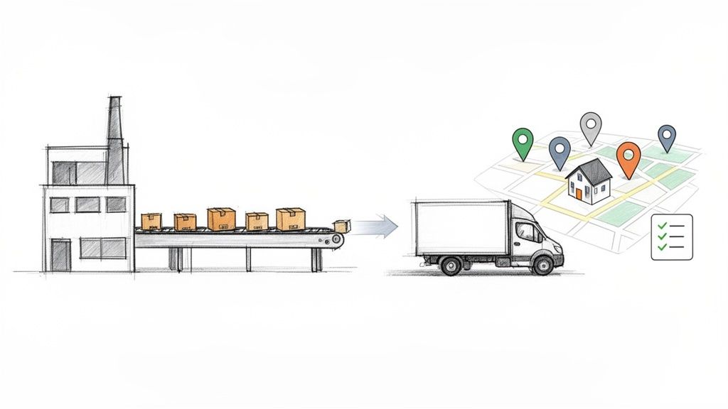 Factory production line sends packages via conveyor to a delivery truck, heading to customer locations on a map.