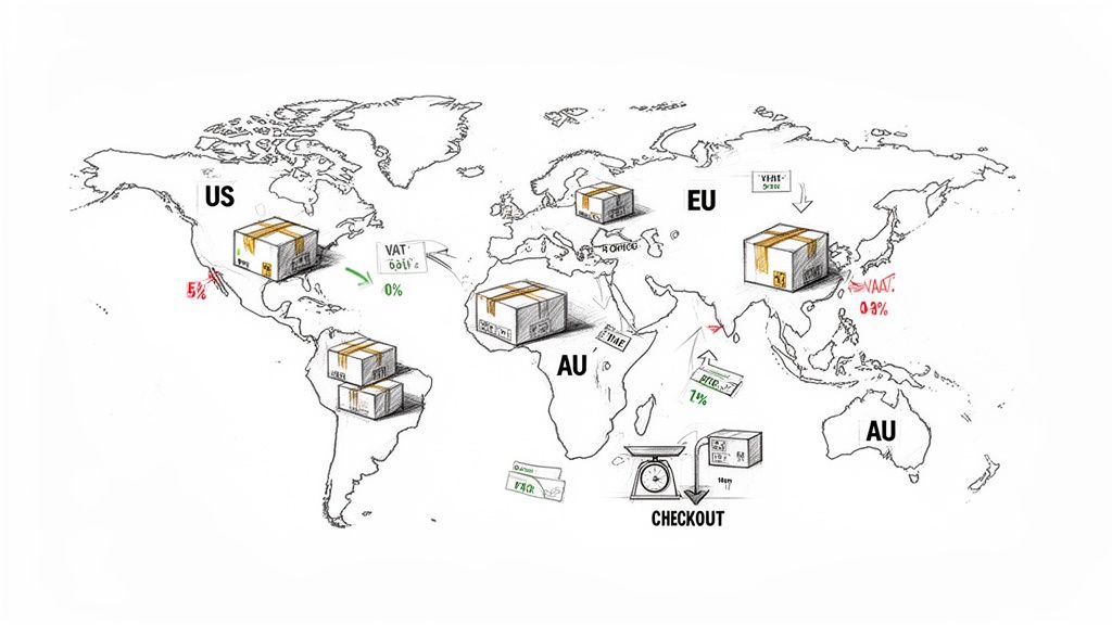 A world map illustrating global trade, international shipping, VAT, and payment collection processes across regions like US, EU, and AU.