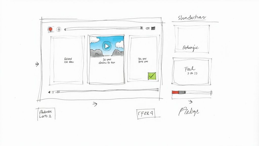Hand-drawn sketch of a video game crowdfunding platform interface, showing video player, and pledge options.