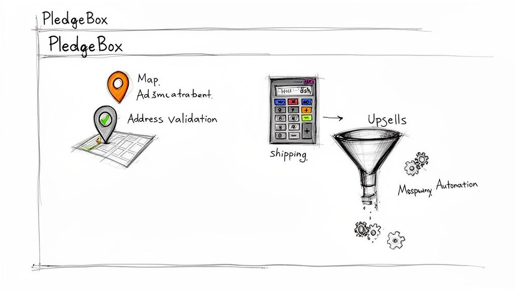 A diagram illustrating the PledgeBox process, including address validation, shipping, upsells, and automation with gears.