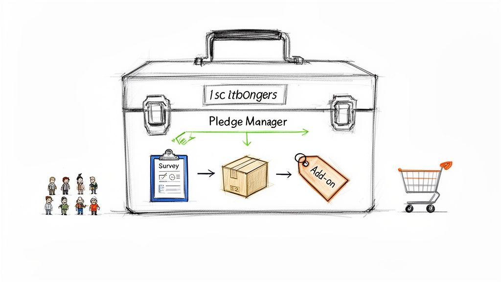A diagram showing a 'Pledge Manager' toolbox with a survey, product box, add-on, and shopping cart.